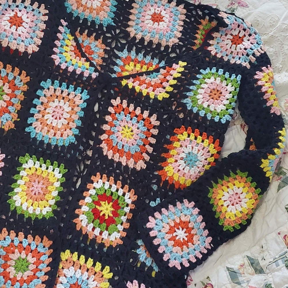 BiBi Black Crochet Granny Square Cardigan with Multicolor Accents - Picture 5 of 6